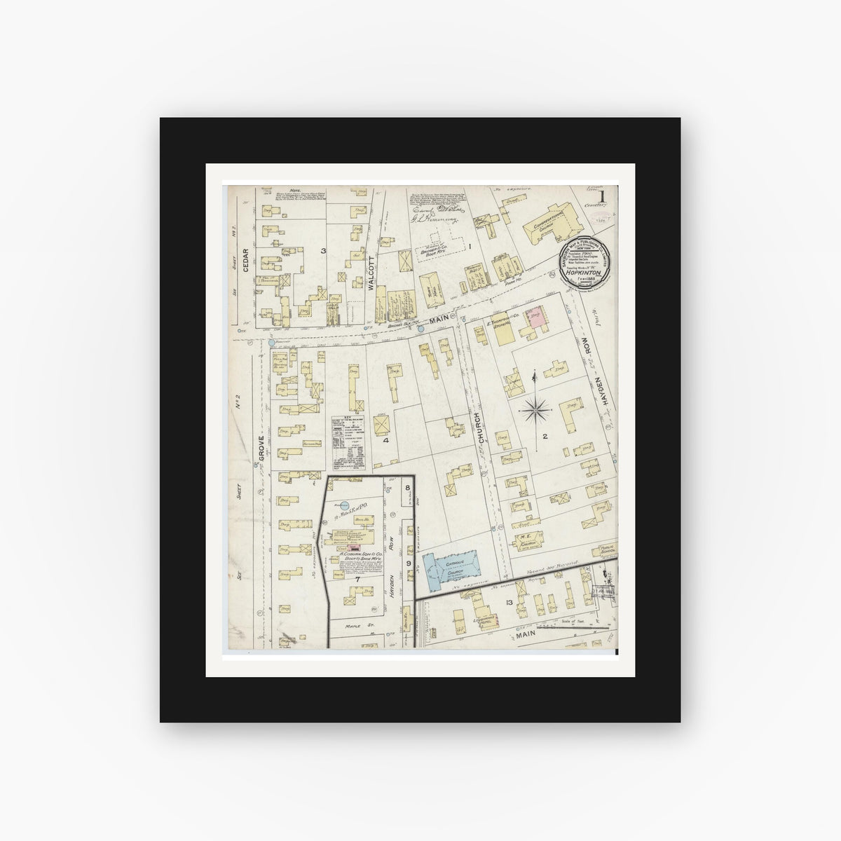 Old map wall art mockup — black gallery frame with white mat — Sanborn Fire Insurance Map from Hopkinton, Middlesex County, Massachusetts (1888) - Complete Map Set