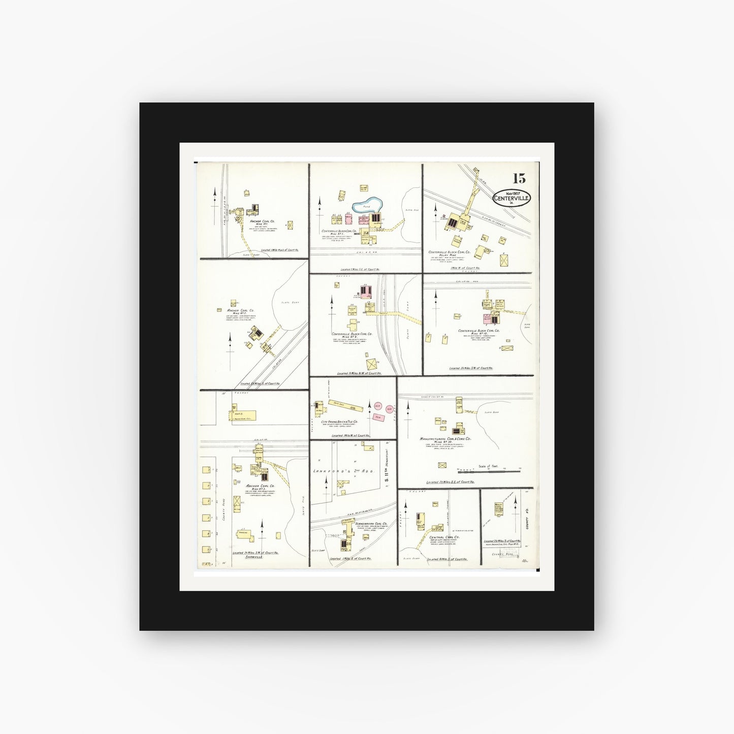 Old map wall art mockup — black gallery frame with white mat — Sanborn Fire Insurance Map from Centerville, Appanoose County, Iowa (1907), Sheet #0015