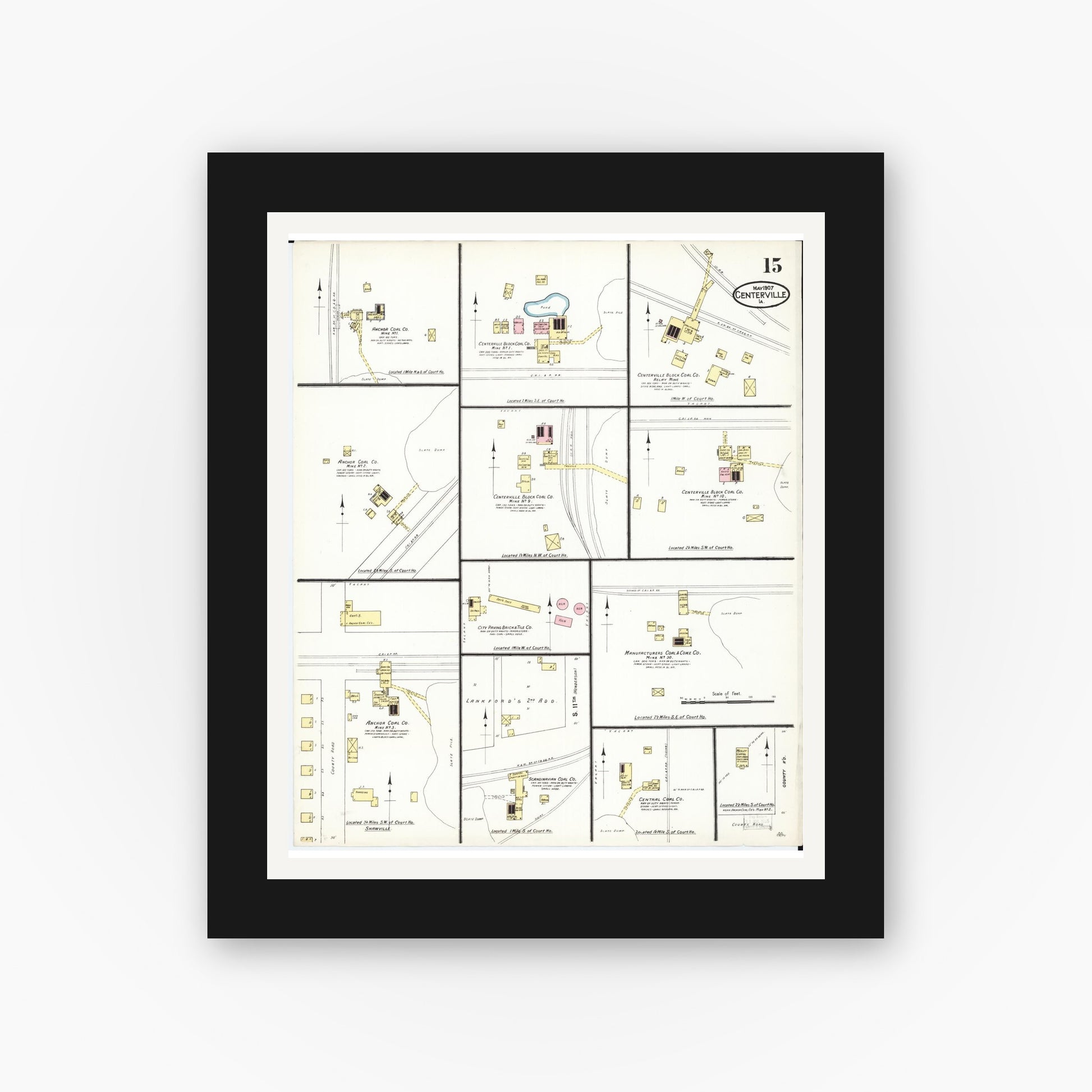 Old map wall art mockup — black gallery frame with white mat — Sanborn Fire Insurance Map from Centerville, Appanoose County, Iowa (1907), Sheet #0015