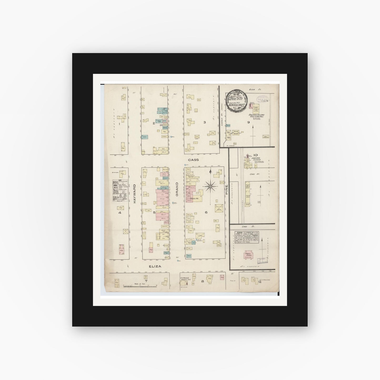 Old map wall art mockup — black gallery frame with white mat — Sanborn Fire Insurance Map from Schoolcraft, Kalamazoo County, Michigan (1884), Sheet #0001