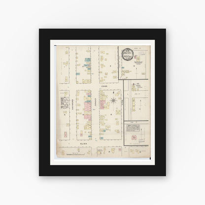 Old map wall art mockup — black gallery frame with white mat — Sanborn Fire Insurance Map from Schoolcraft, Kalamazoo County, Michigan (1884), Sheet #0001