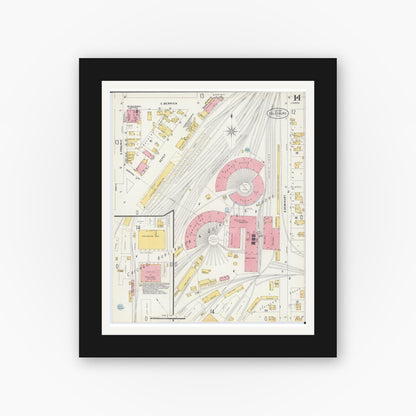 Old map wall art mockup — black gallery frame with white mat — Sanborn Fire Insurance Map from Galesburg, Knox County, Illinois (1898), Sheet #0014