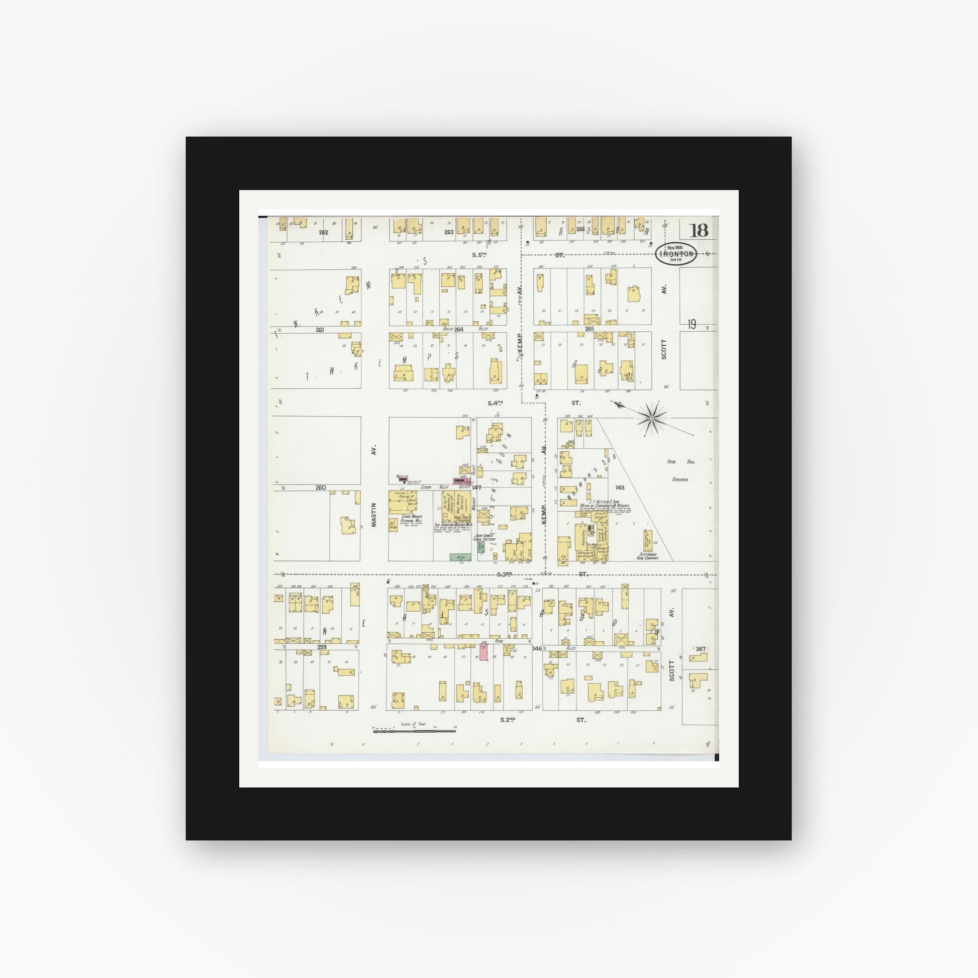 Old map wall art mockup — black gallery frame with white mat — Sanborn Fire Insurance Map from Ironton, Lawrence County, Ohio (1900), Sheet #0018