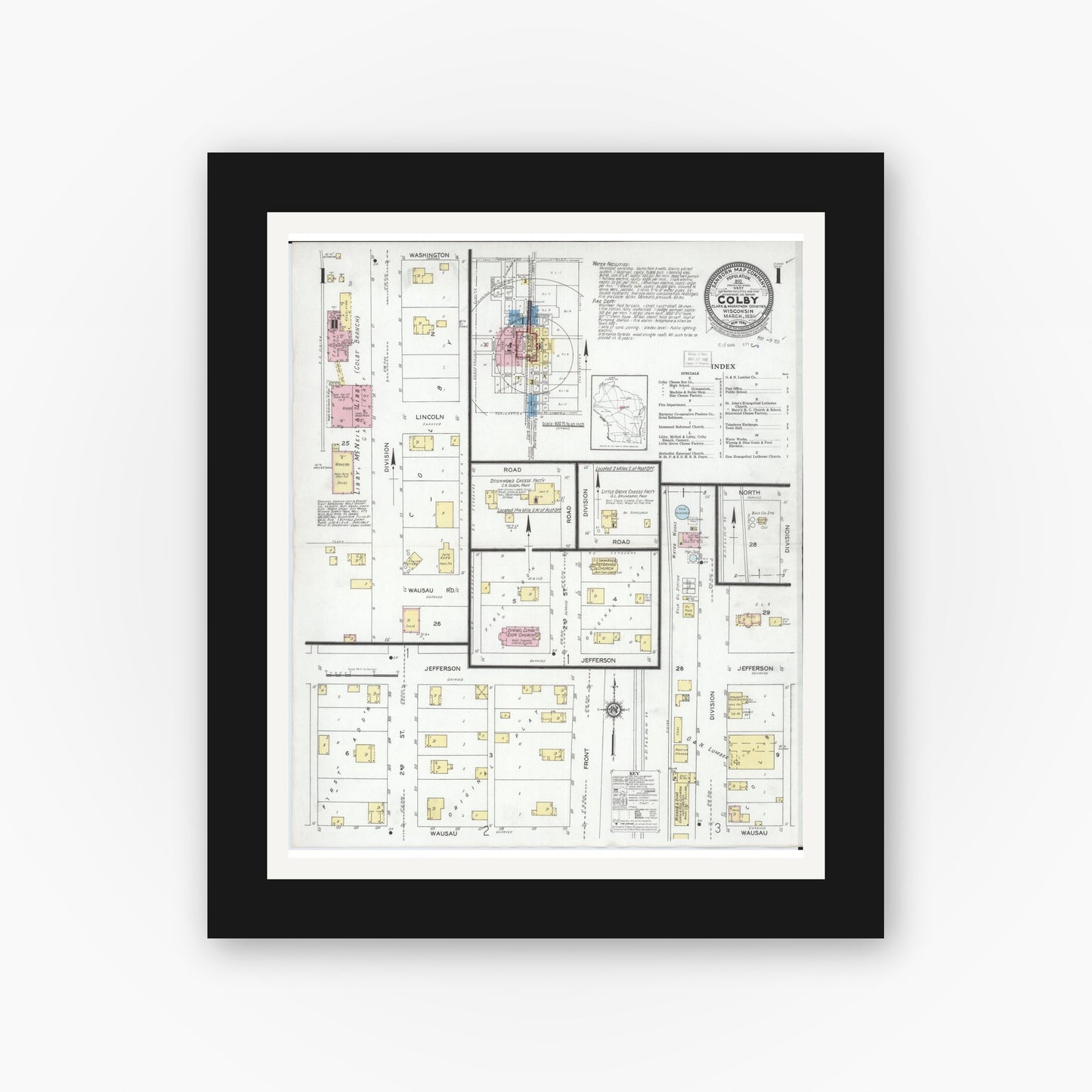 Old map wall art mockup — black gallery frame with white mat — Sanborn Fire Insurance Map from Colby, Clark and Marathon Counties, Wisconsin (1931) - Complete Map Set