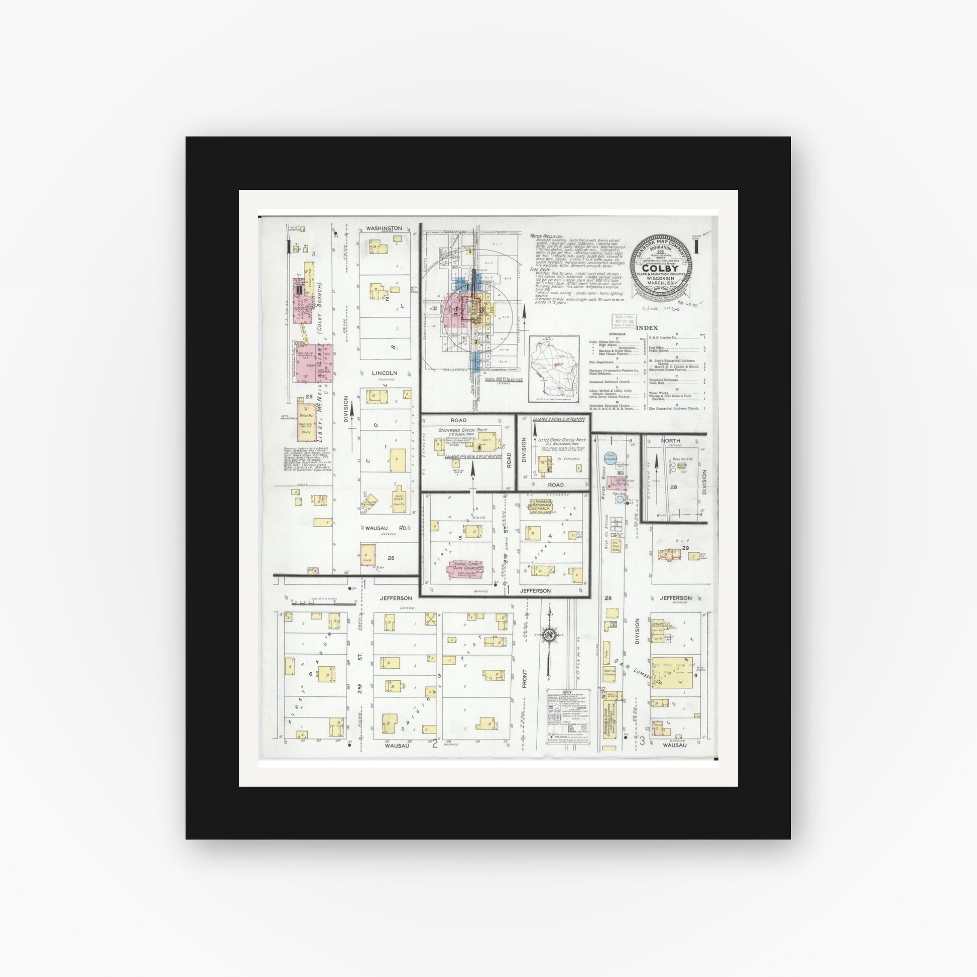 Old map wall art mockup — black gallery frame with white mat — Sanborn Fire Insurance Map from Colby, Clark and Marathon Counties, Wisconsin (1931) - Complete Map Set