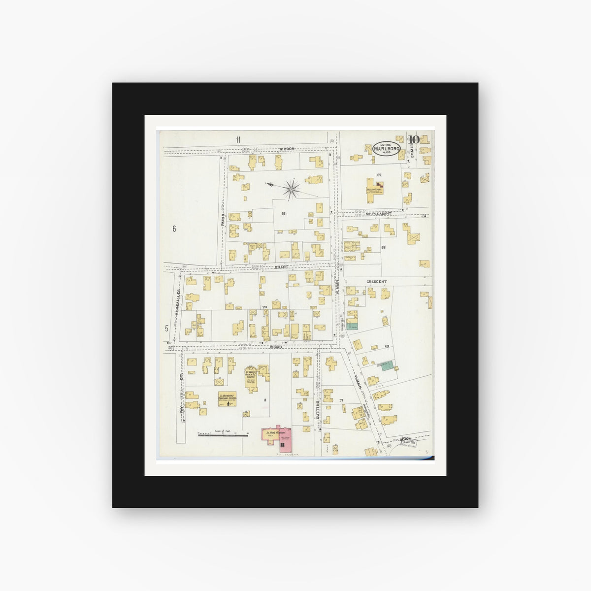 Old map wall art mockup — black gallery frame with white mat — Sanborn Fire Insurance Map from Marlborough, Middlesex County, Massachusetts (1906), Sheet #0010