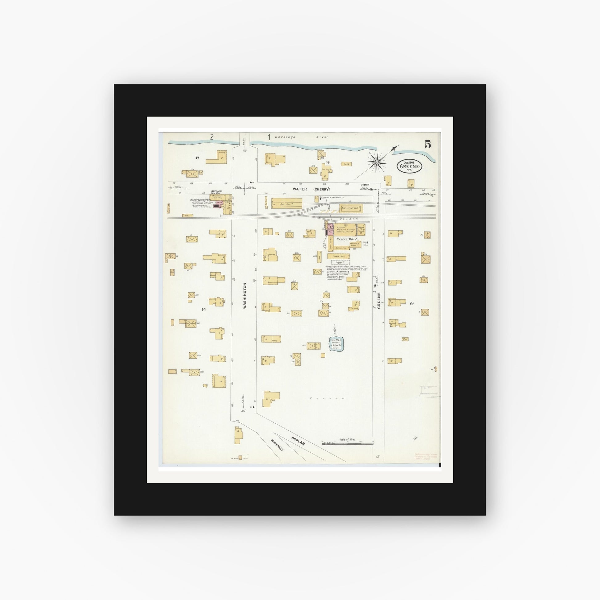 Old map wall art mockup — black gallery frame with white mat — Sanborn Fire Insurance Map from Greene, Chenango County, New York (1908), Sheet #0005