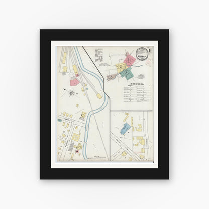 Old map wall art mockup — black gallery frame with white mat — Sanborn Fire Insurance Map from Warwick, Orange County, New York (1894), Sheet #0001