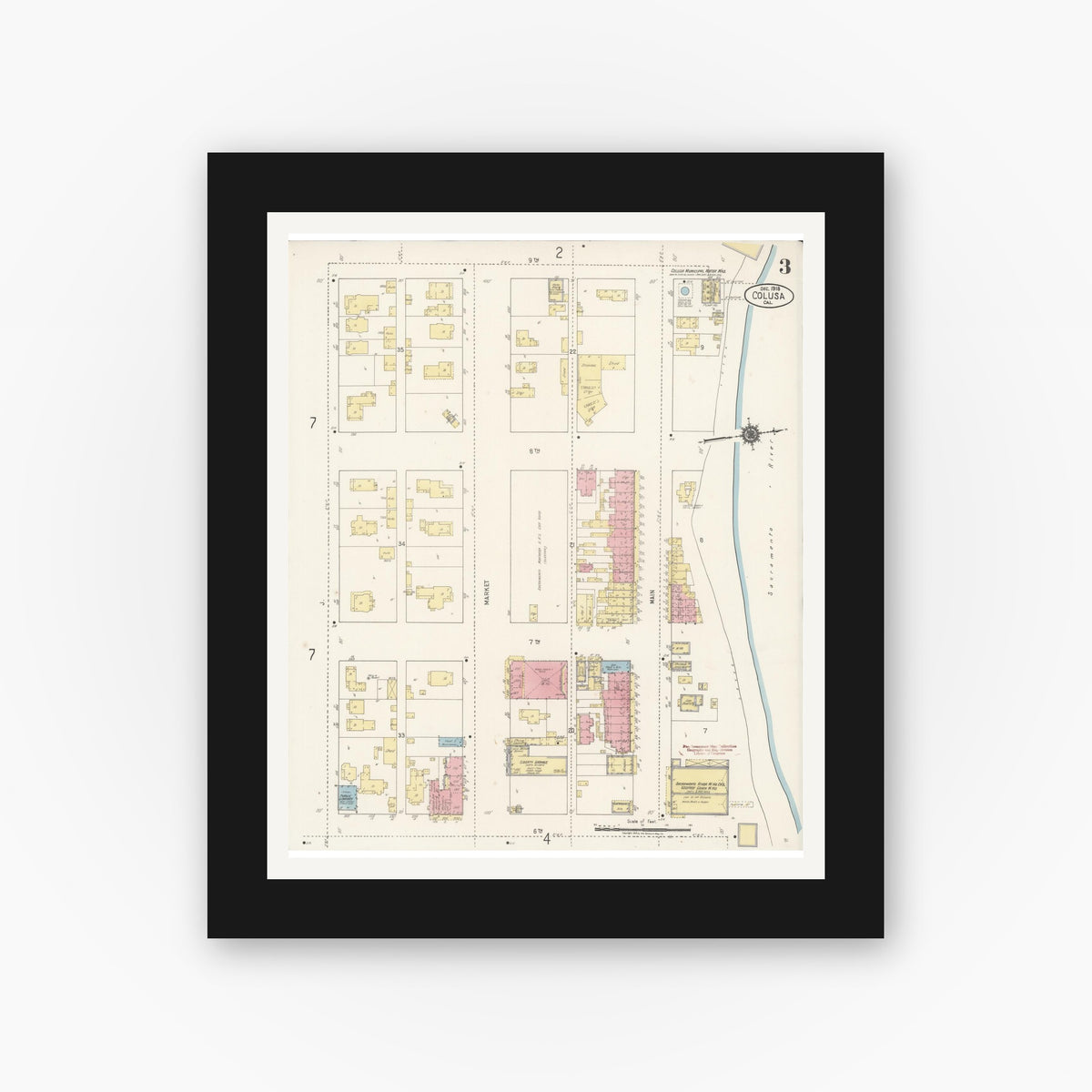 Old map wall art mockup — black gallery frame with white mat — Sanborn Fire Insurance Map from Colusa, Colusa County, California (1918), Sheet #0003