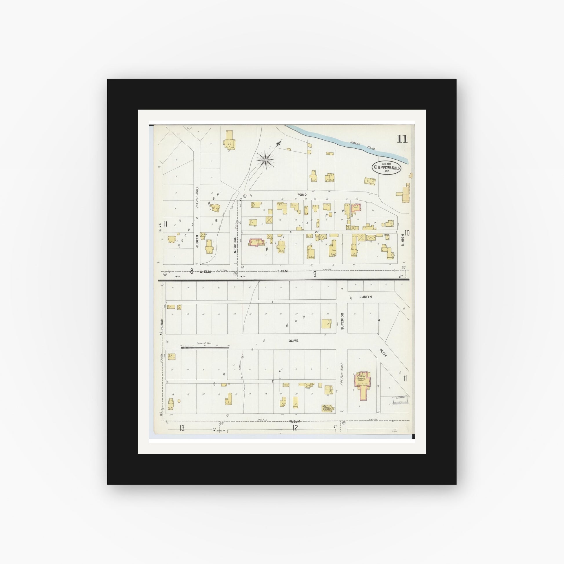 Old map wall art mockup — black gallery frame with white mat — Sanborn Fire Insurance Map from Chippewa Falls, Chippewa County, Wisconsin (1903), Sheet #0011