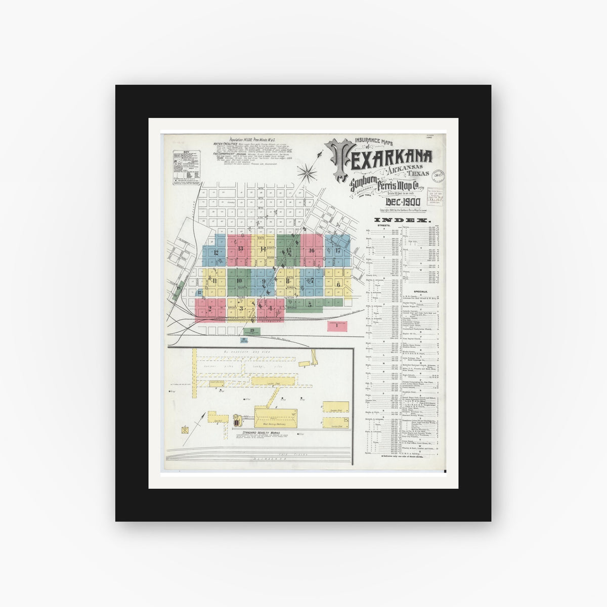 Old map wall art mockup — black gallery frame with white mat — Sanborn Fire Insurance Map from Texarkana, Bowie County, Texas (1900) - Complete Map Set