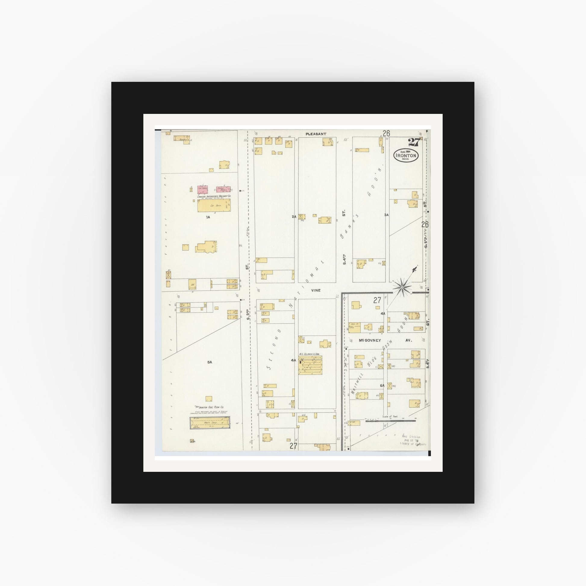 Old map wall art mockup — black gallery frame with white mat — Sanborn Fire Insurance Map from Ironton, Lawrence County, Ohio (1904), Sheet #0027