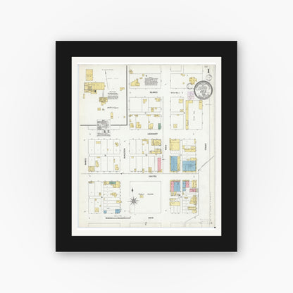 Old map wall art mockup — black gallery frame with white mat — Sanborn Fire Insurance Map from Kyle, Hays County, Texas (1902), Sheet #0001