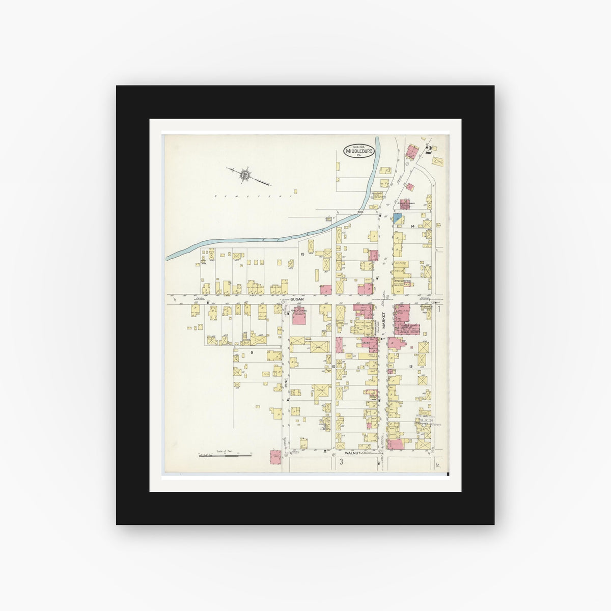Old map wall art mockup — black gallery frame with white mat — Sanborn Fire Insurance Map from Middleburg, Snyder County, Pennsylvania (1913), Sheet #0002