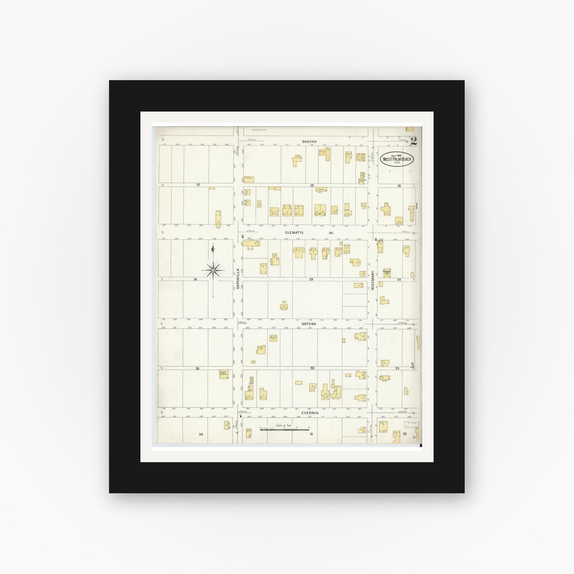 Old map wall art mockup — black gallery frame with white mat — Sanborn Fire Insurance Map from West Palm Beach, Dade County, Florida (1908), Sheet #0002