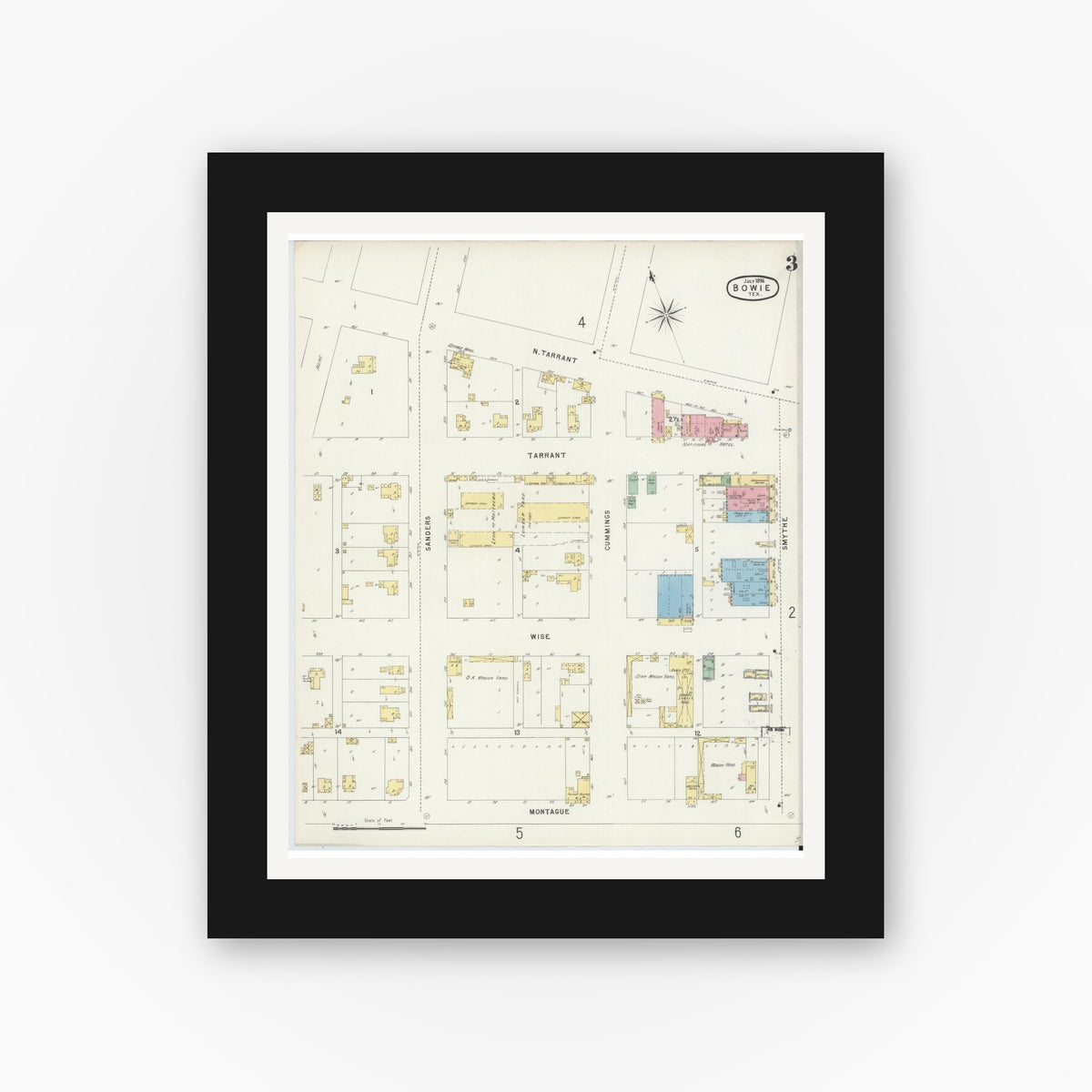 Old map wall art mockup — black gallery frame with white mat — Sanborn Fire Insurance Map from Bowie, Montague County, Texas (1896), Sheet #0003