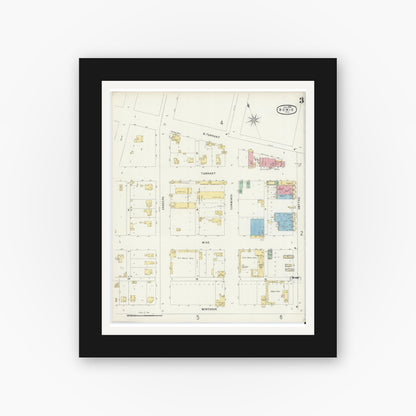 Old map wall art mockup — black gallery frame with white mat — Sanborn Fire Insurance Map from Bowie, Montague County, Texas (1896), Sheet #0003