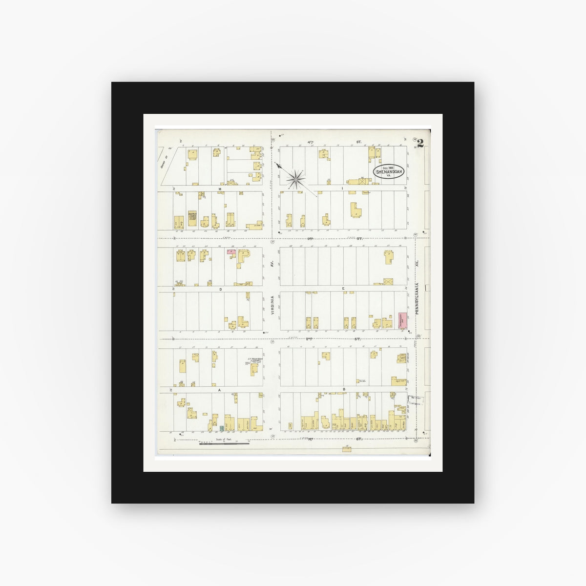 Old map wall art mockup — black gallery frame with white mat — Sanborn Fire Insurance Map from Shenandoah, Page County, Virginia (1905), Sheet #0002