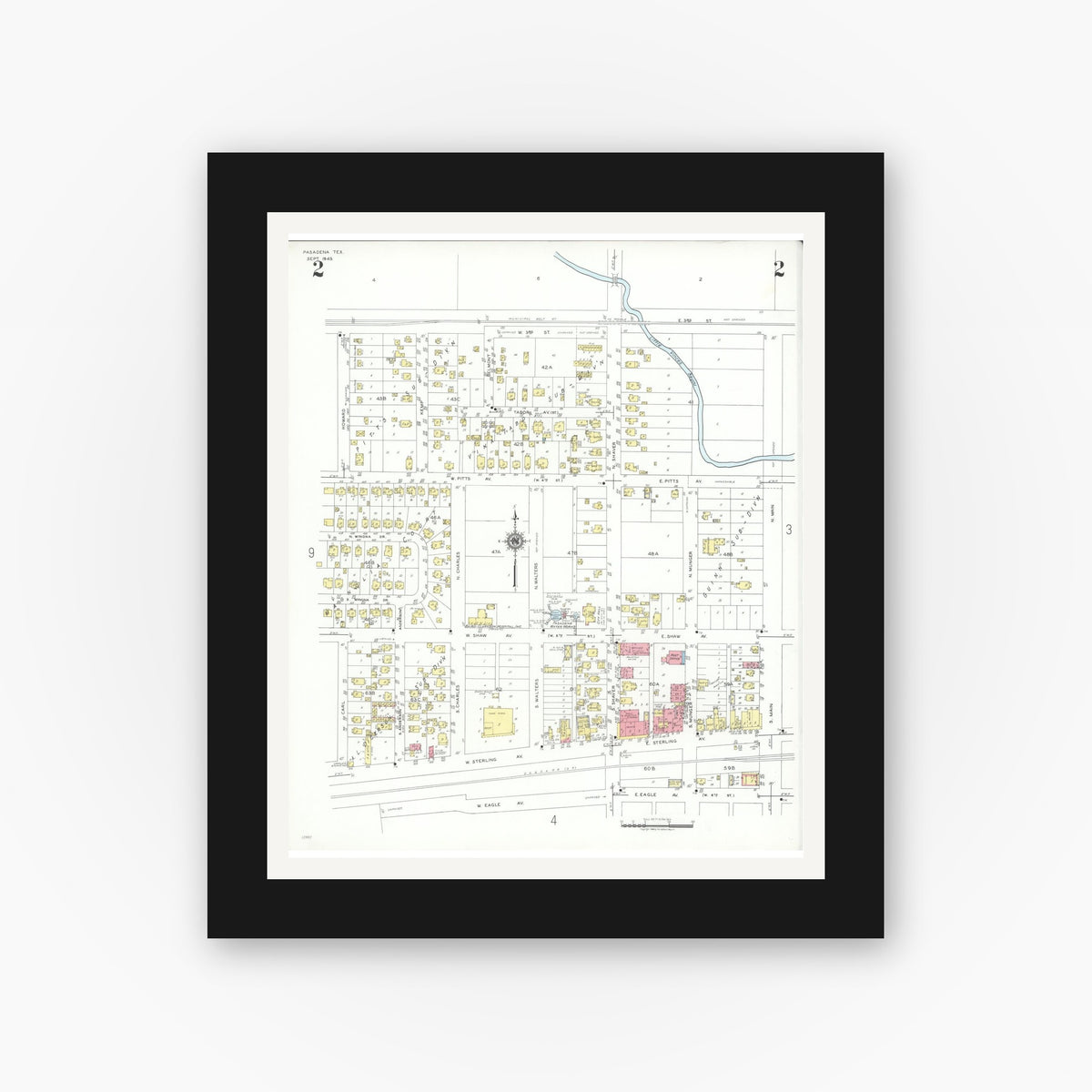 Old map wall art mockup — black gallery frame with white mat — Sanborn Fire Insurance Map from Pasadena, Harris County, Texas (1943), Sheet #0002