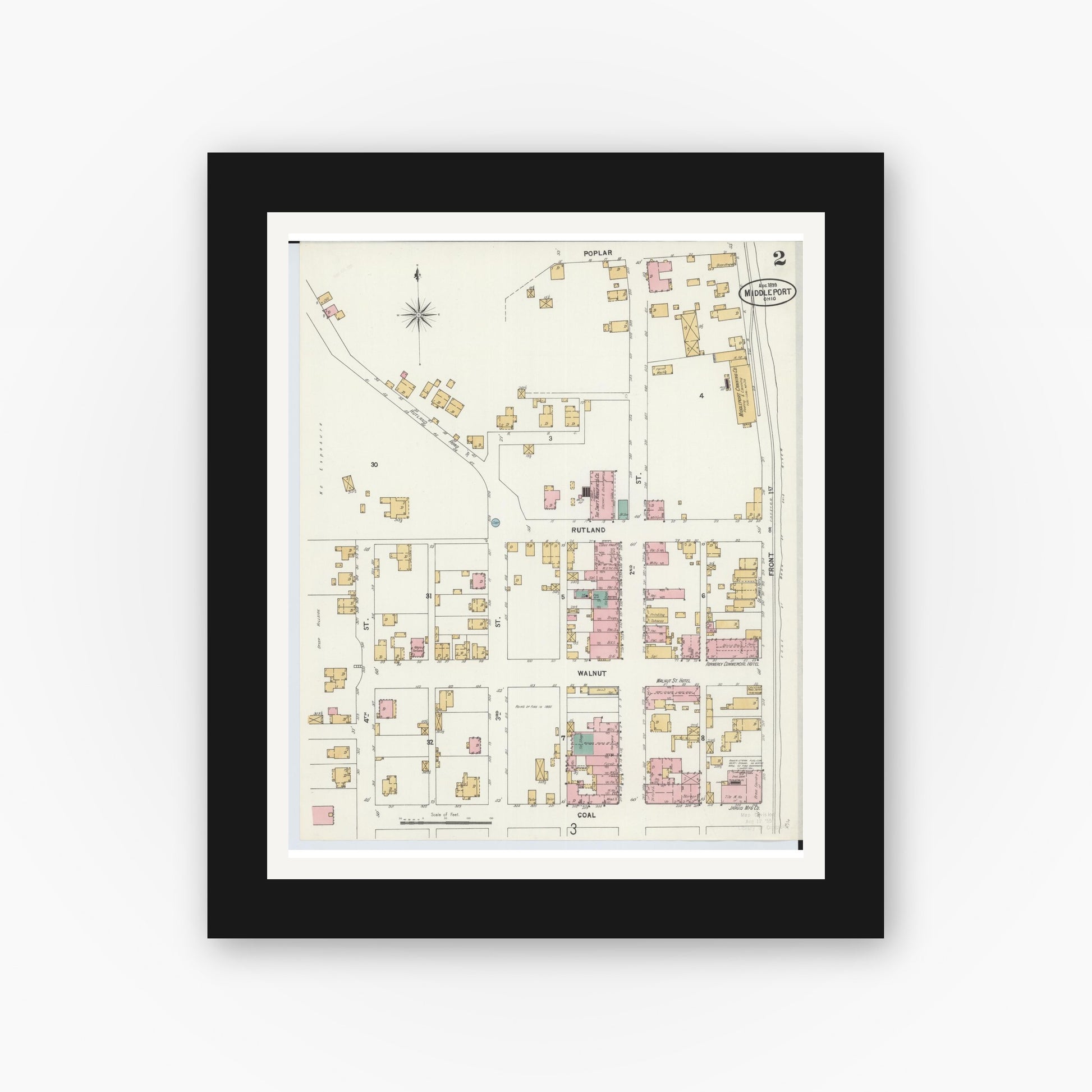 Old map wall art mockup — black gallery frame with white mat — Sanborn Fire Insurance Map from Middleport, Meigs County, Ohio (1899), Sheet #0002