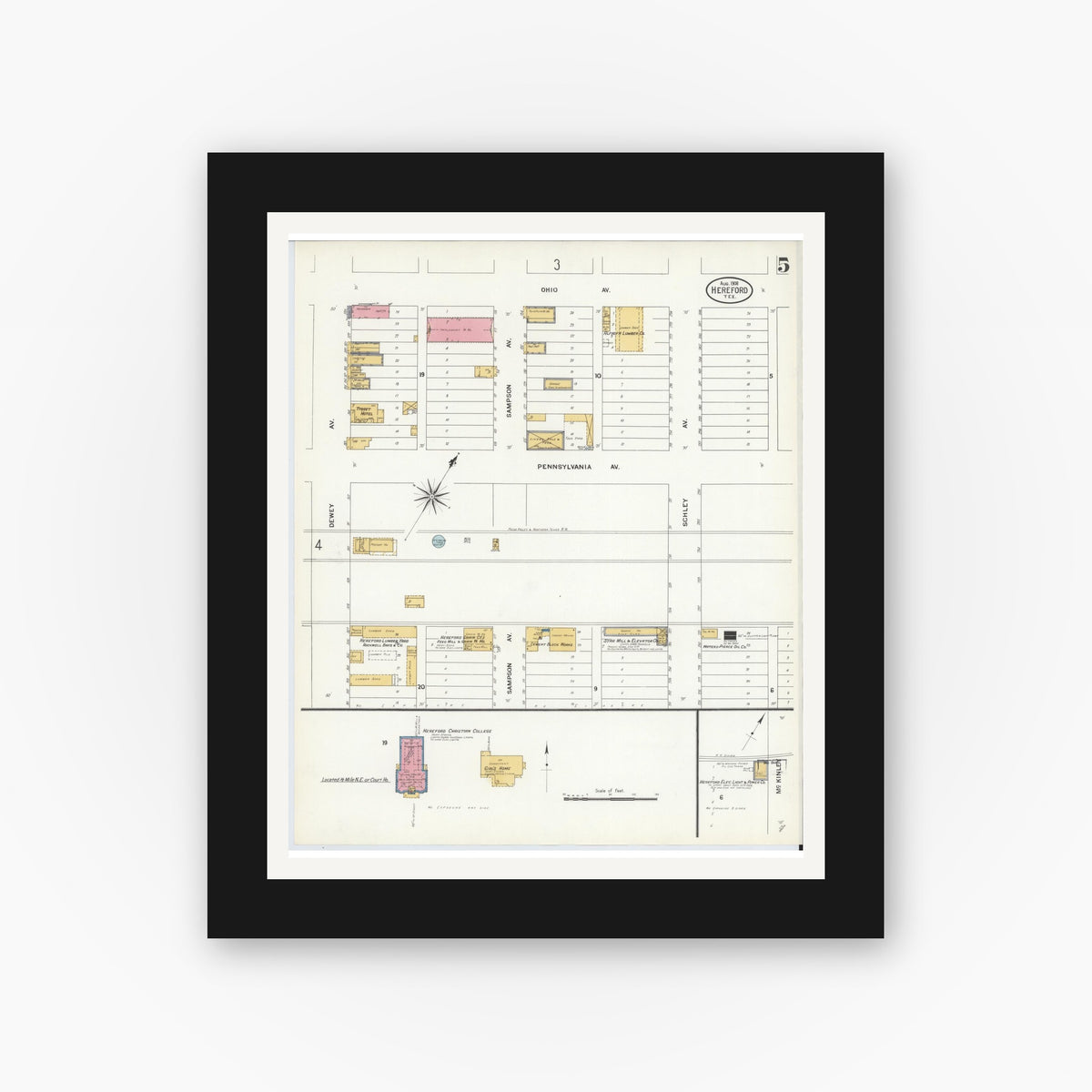 Old map wall art mockup — black gallery frame with white mat — Sanborn Fire Insurance Map from Hereford, Deaf Smith County, Texas (1908), Sheet #0005