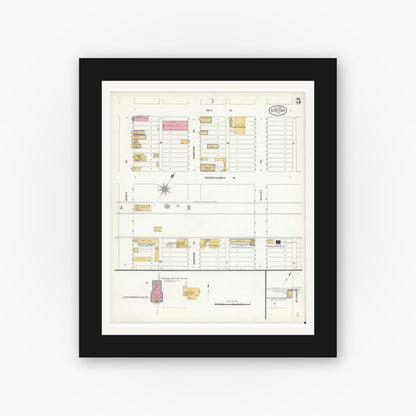 Old map wall art mockup — black gallery frame with white mat — Sanborn Fire Insurance Map from Hereford, Deaf Smith County, Texas (1908), Sheet #0005
