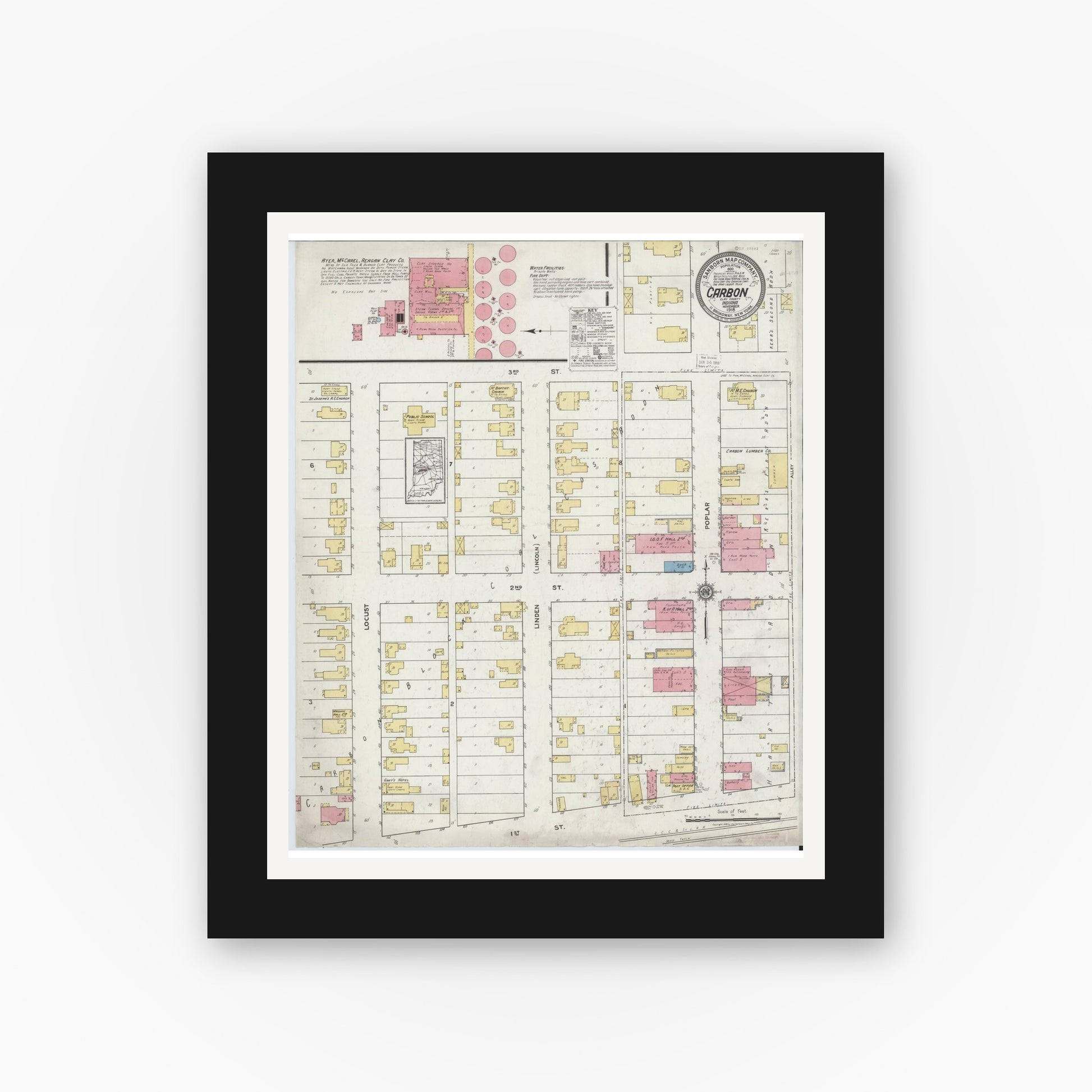 Old map wall art mockup — black gallery frame with white mat — Sanborn Fire Insurance Map from Carbon, Clay County, Indiana (1918), Sheet #0001
