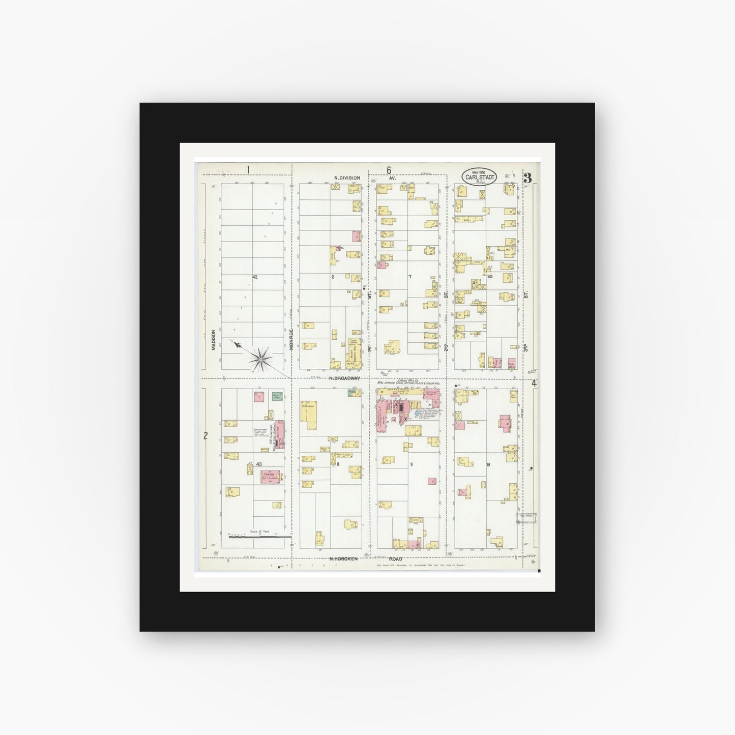 Old map wall art mockup — black gallery frame with white mat — Sanborn Fire Insurance Map from Carlstadt, Bergen County, New Jersey (1902), Sheet #0003