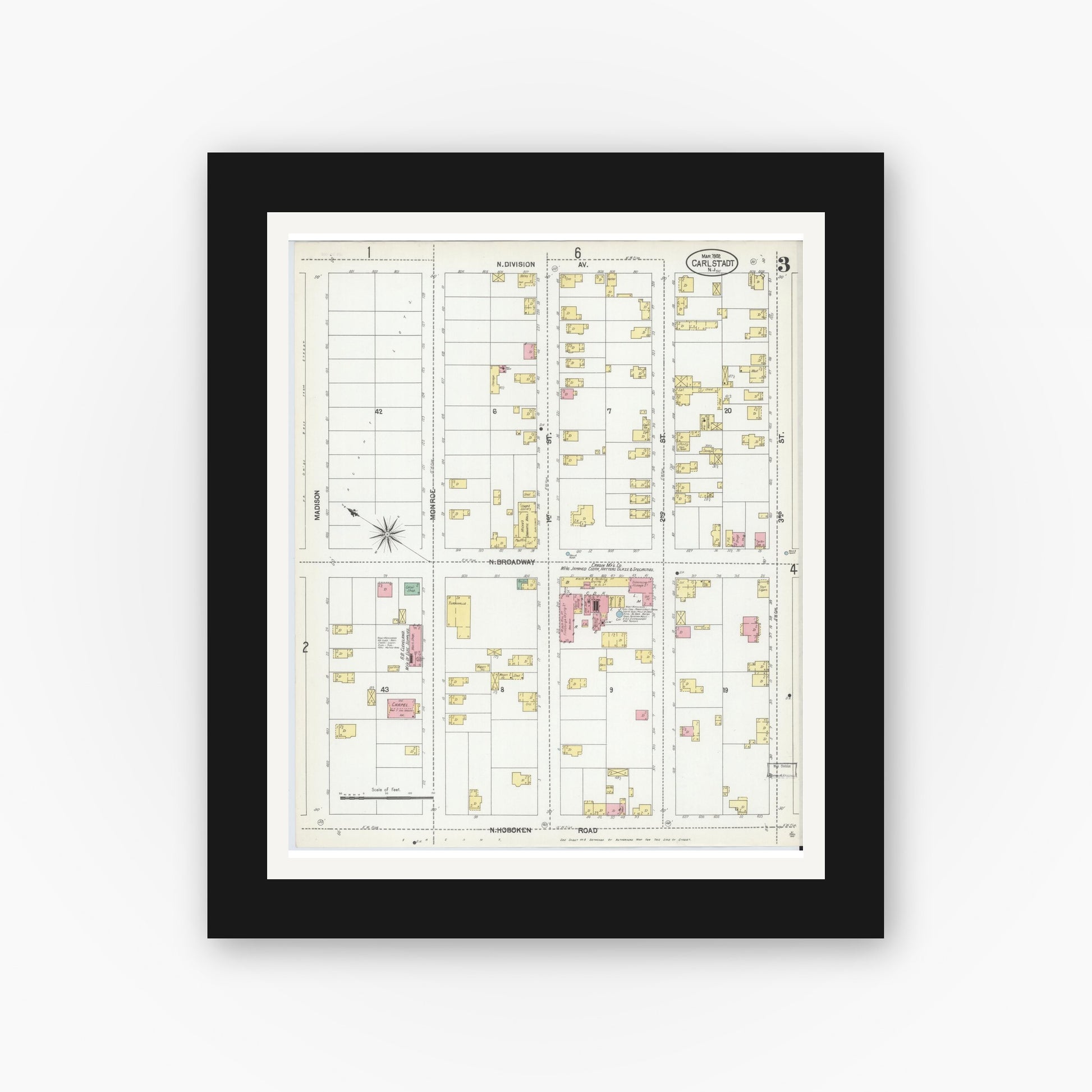 Old map wall art mockup — black gallery frame with white mat — Sanborn Fire Insurance Map from Carlstadt, Bergen County, New Jersey (1902), Sheet #0003