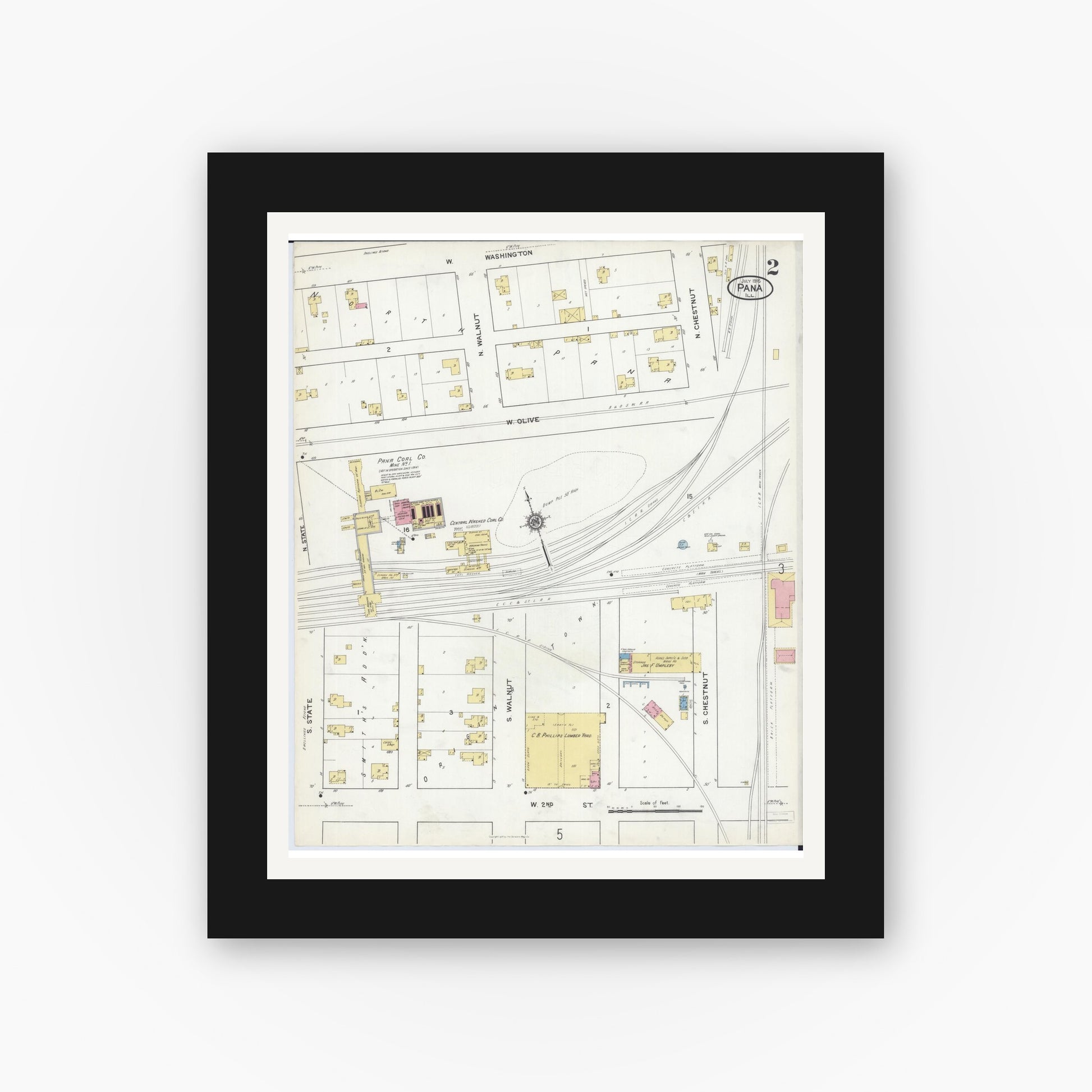 Old map wall art mockup — black gallery frame with white mat — Sanborn Fire Insurance Map from Pana, Christian County, Illinois (1916), Sheet #0002