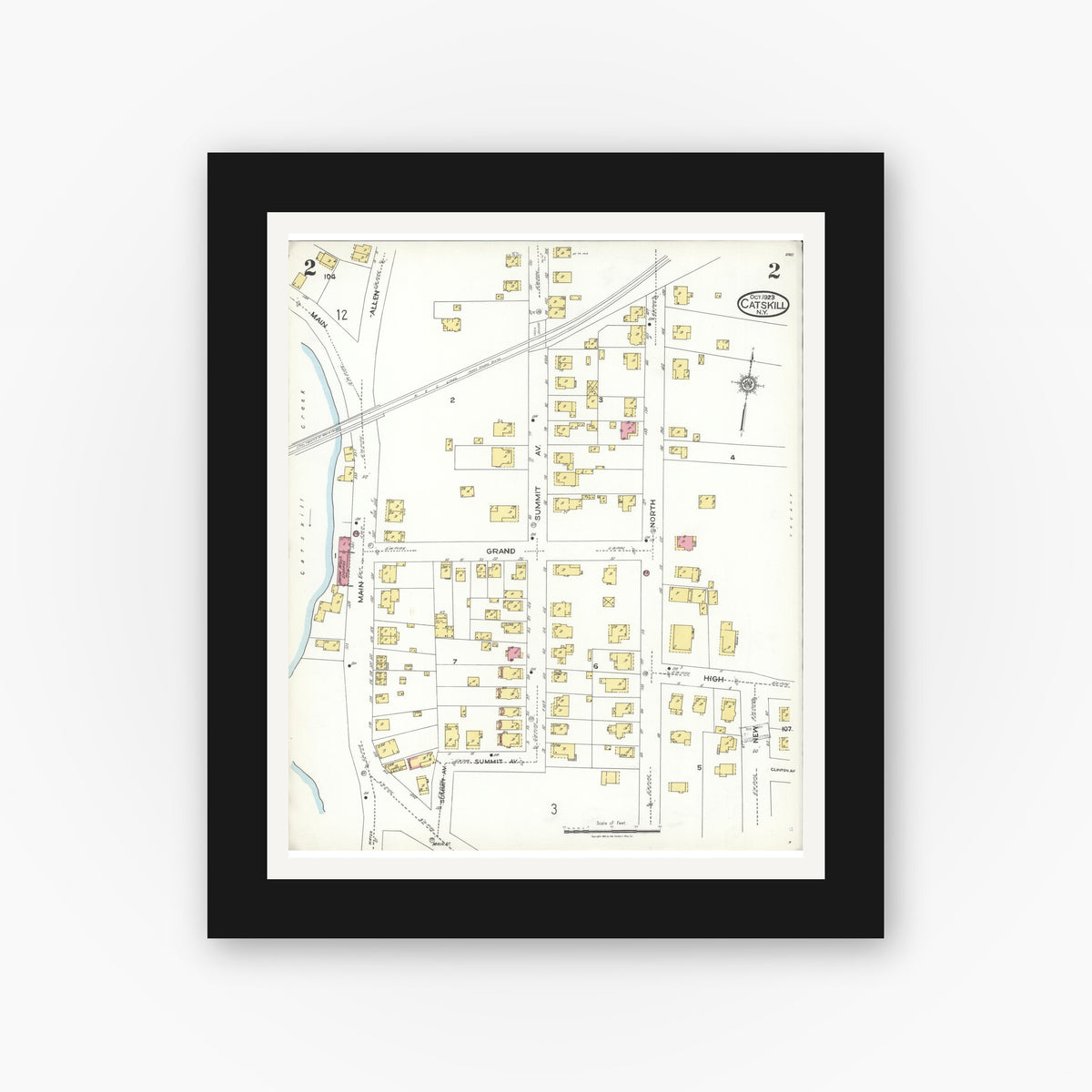 Old map wall art mockup — black gallery frame with white mat — Sanborn Fire Insurance Map from Catskill, Greene County, New York (1923), Sheet #0002