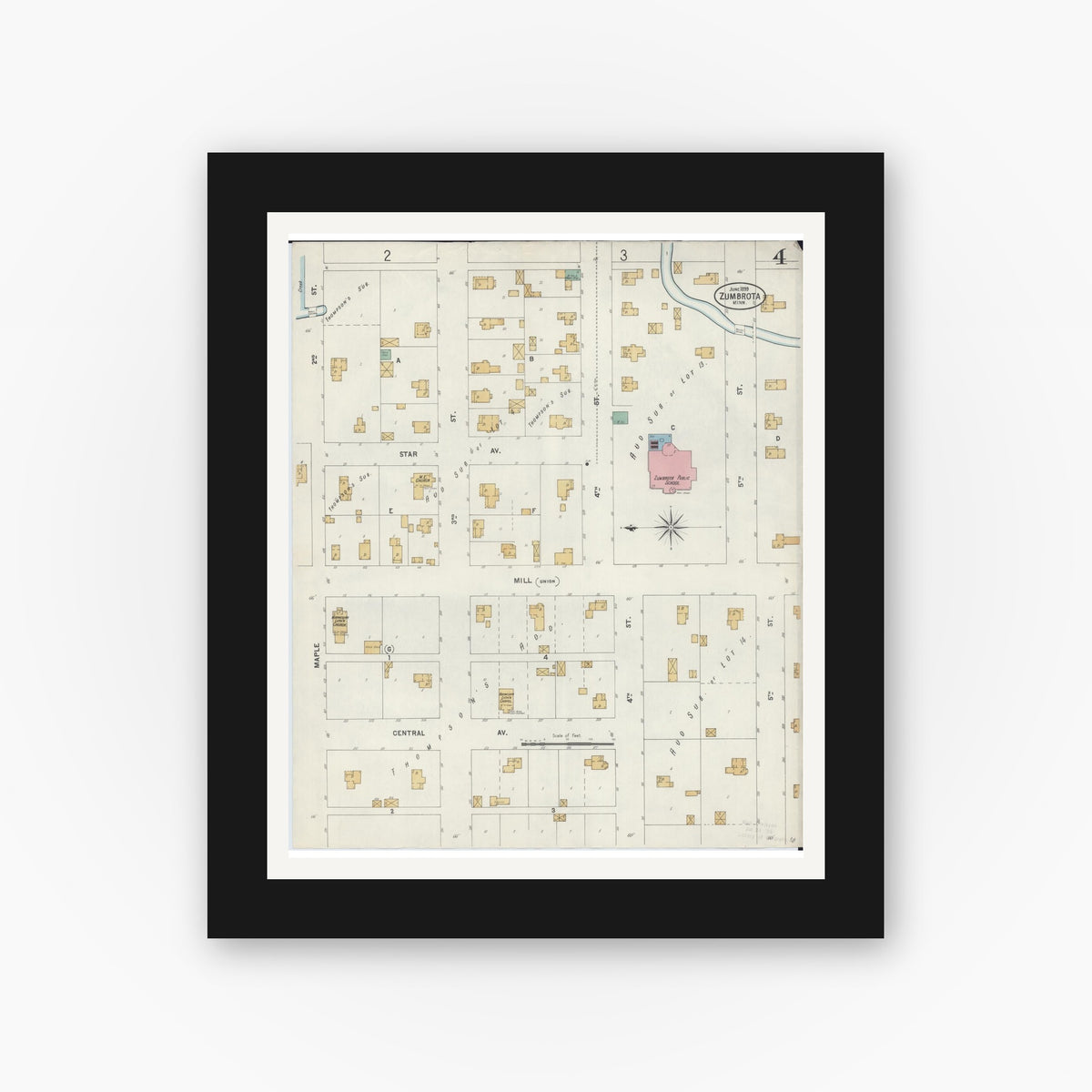 Old map wall art mockup — black gallery frame with white mat — Sanborn Fire Insurance Map from Zumbrota, Goodhue County, Minnesota (1899), Sheet #0004