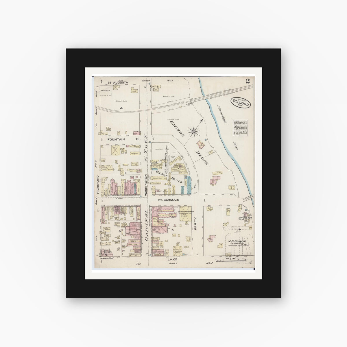 Old map wall art mockup — black gallery frame with white mat — Sanborn Fire Insurance Map from Saint Cloud, Stearns, Benton, and Sherburne Counties, Minnesota (1884), Sheet #0002