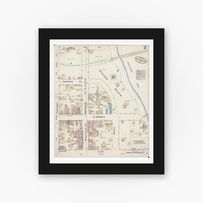 Old map wall art mockup — black gallery frame with white mat — Sanborn Fire Insurance Map from Saint Cloud, Stearns, Benton, and Sherburne Counties, Minnesota (1884), Sheet #0002