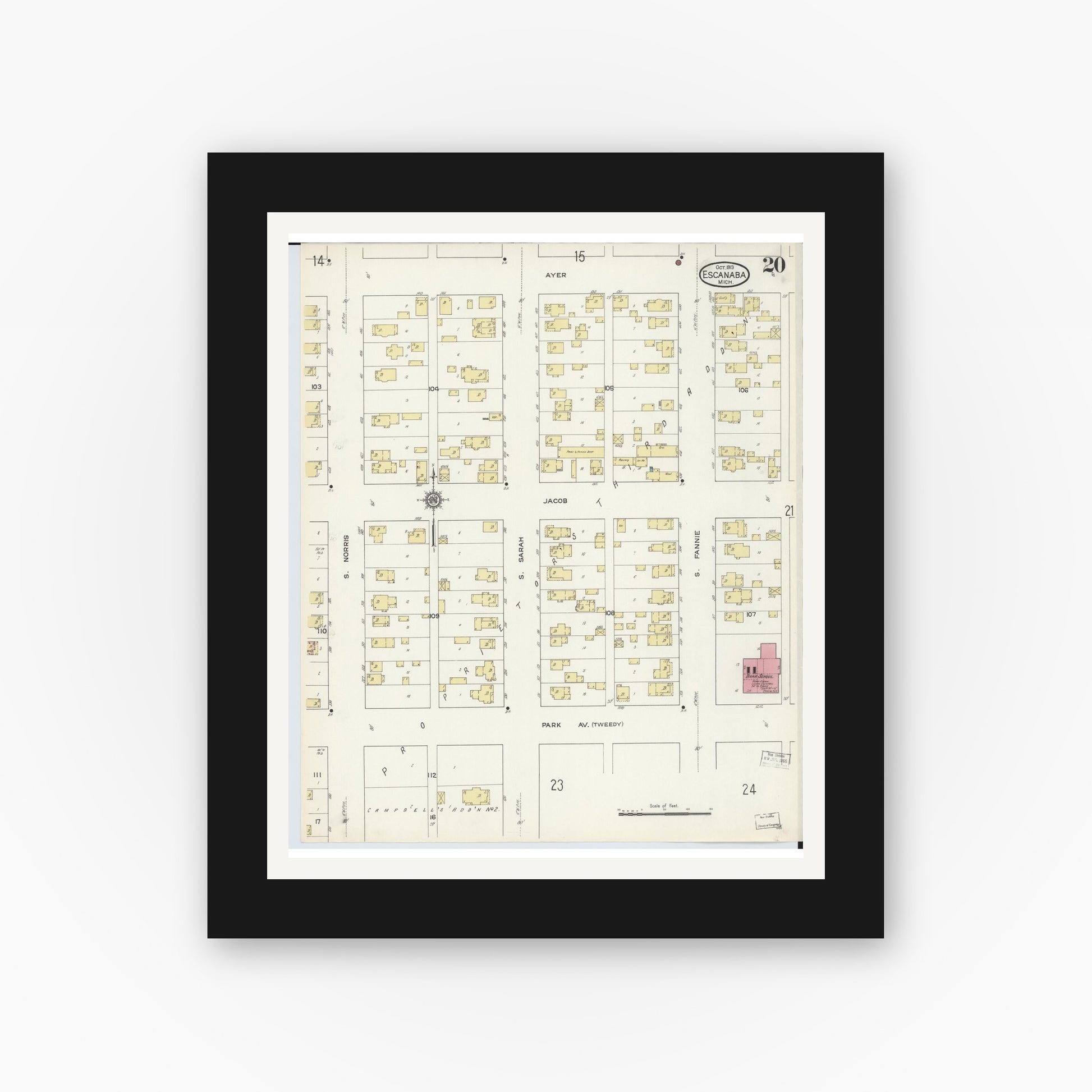 Old map wall art mockup — black gallery frame with white mat — Sanborn Fire Insurance Map from Escanaba, Delta County, Michigan (1913), Sheet #0020