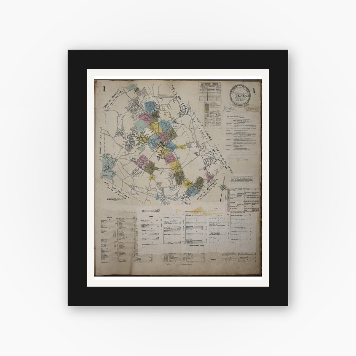 Old map wall art mockup — black gallery frame with white mat — Sanborn Fire Insurance Map from Lexington, Middlesex County, Massachusetts (1961), Sheet #0001