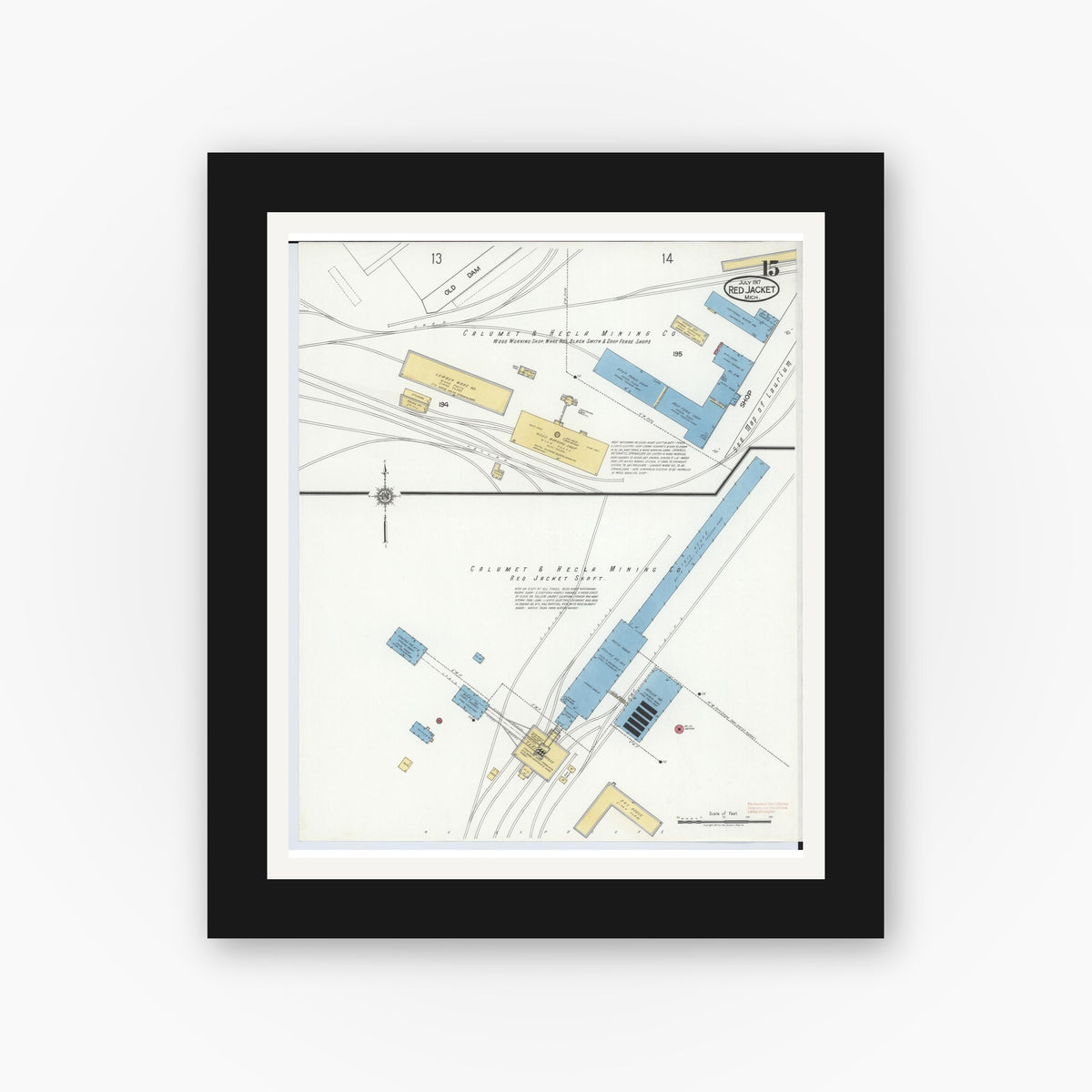 Old map wall art mockup — black gallery frame with white mat — Sanborn Fire Insurance Map from Red Jacket, Houghton County, Michigan (1917), Sheet #0015