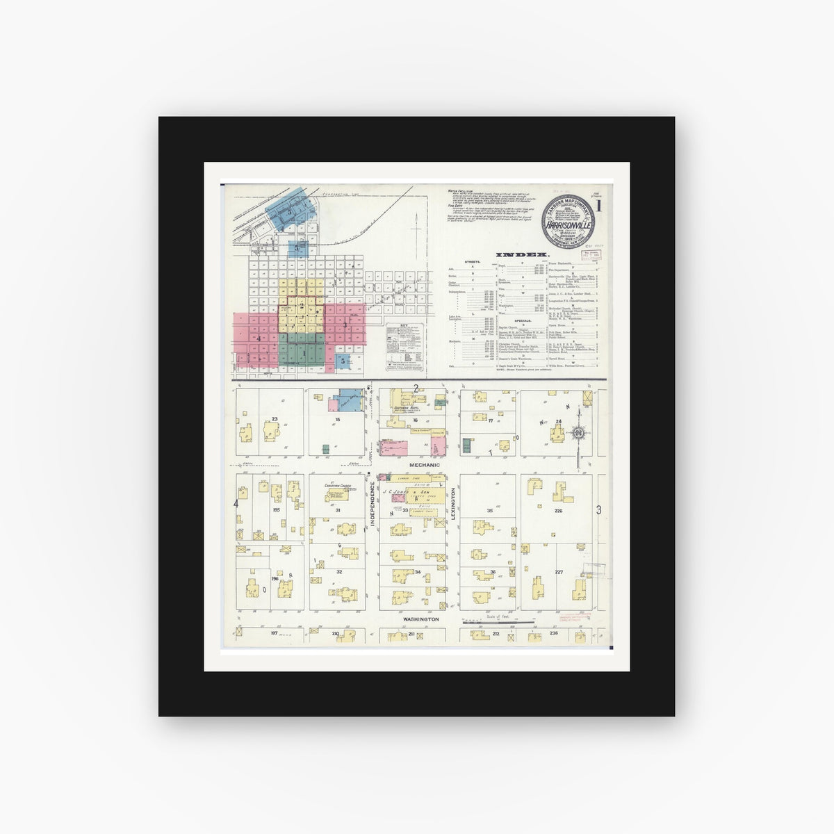 Old map wall art mockup — black gallery frame with white mat — Sanborn Fire Insurance Map from Harrisonville, Cass County, Missouri (1909) - Complete Map Set