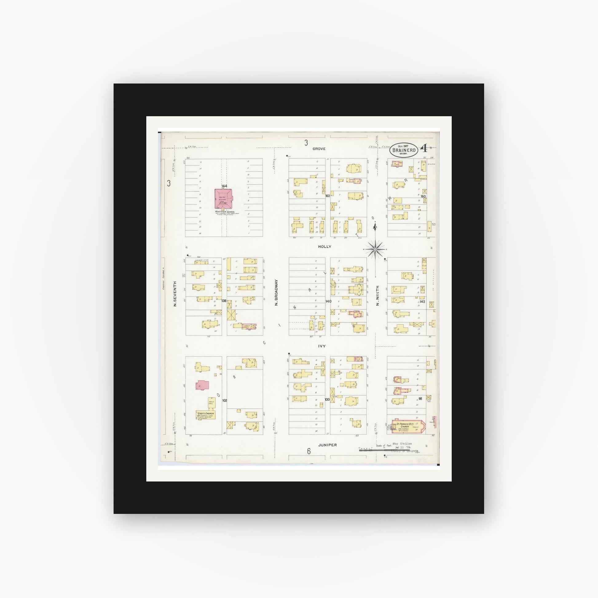 Old map wall art mockup — black gallery frame with white mat — Sanborn Fire Insurance Map from Brainerd, Crow Wing County, Minnesota (1907), Sheet #0004
