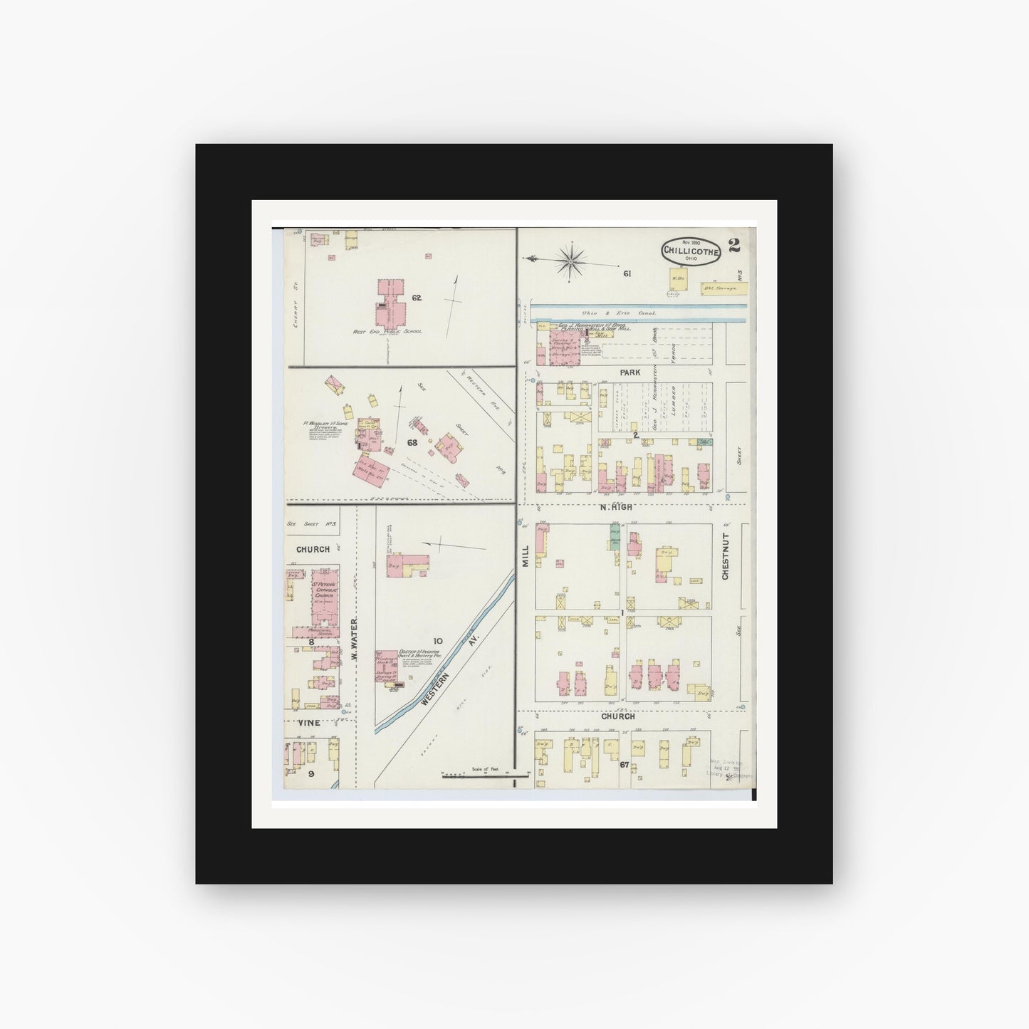 Old map wall art mockup — black gallery frame with white mat — Sanborn Fire Insurance Map from Chillicothe, Ross County, Ohio (1890), Sheet #0002