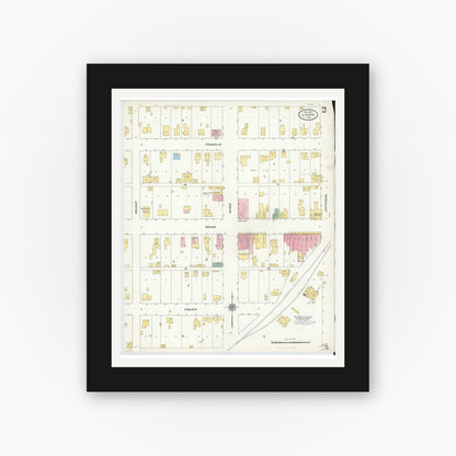 Old map wall art mockup — black gallery frame with white mat — Sanborn Fire Insurance Map from Lyons, Greene County, Indiana (1910), Sheet #0002