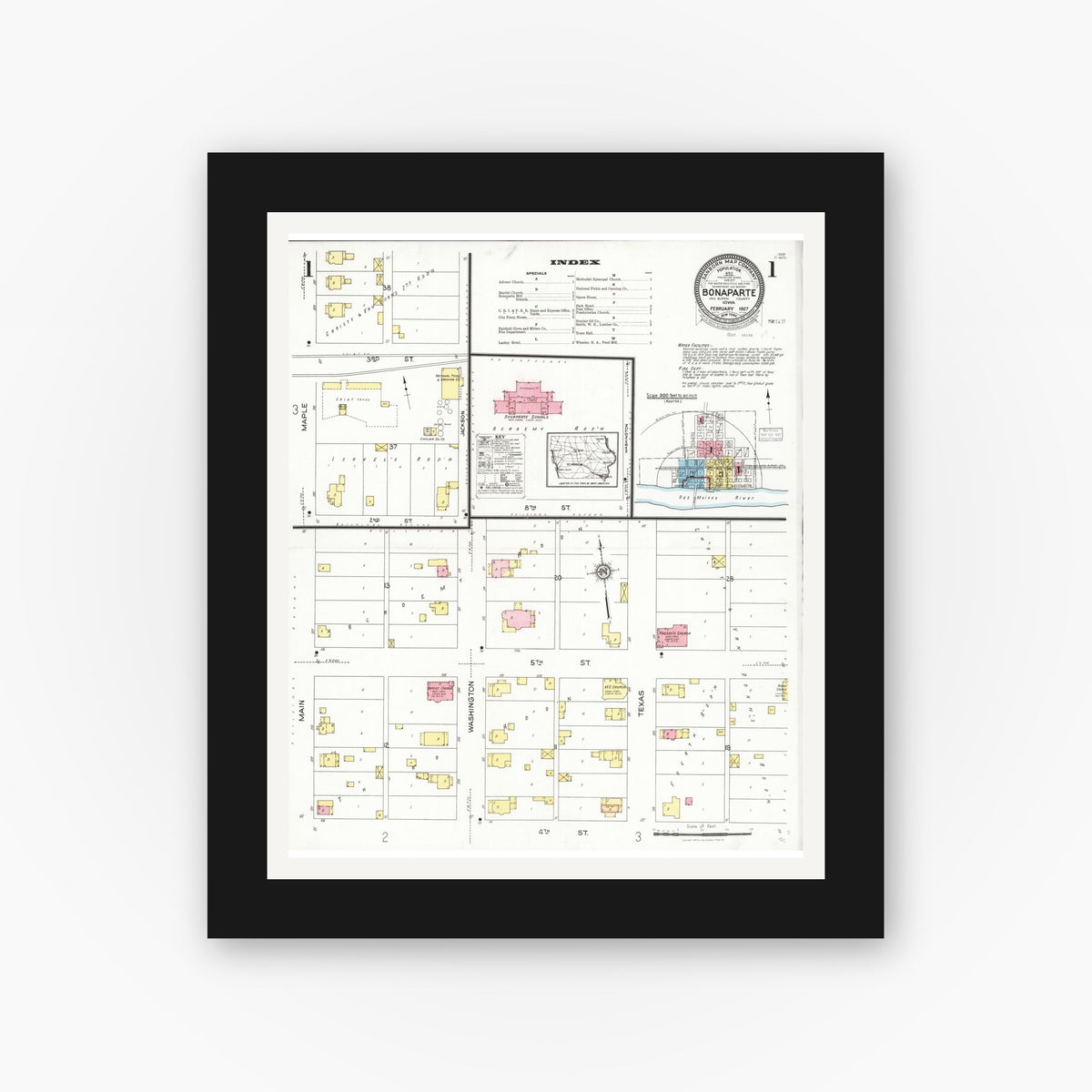 Old map wall art mockup — black gallery frame with white mat — Sanborn Fire Insurance Map from Bonaparte, Van Buren County, Iowa (1927), Sheet #0001