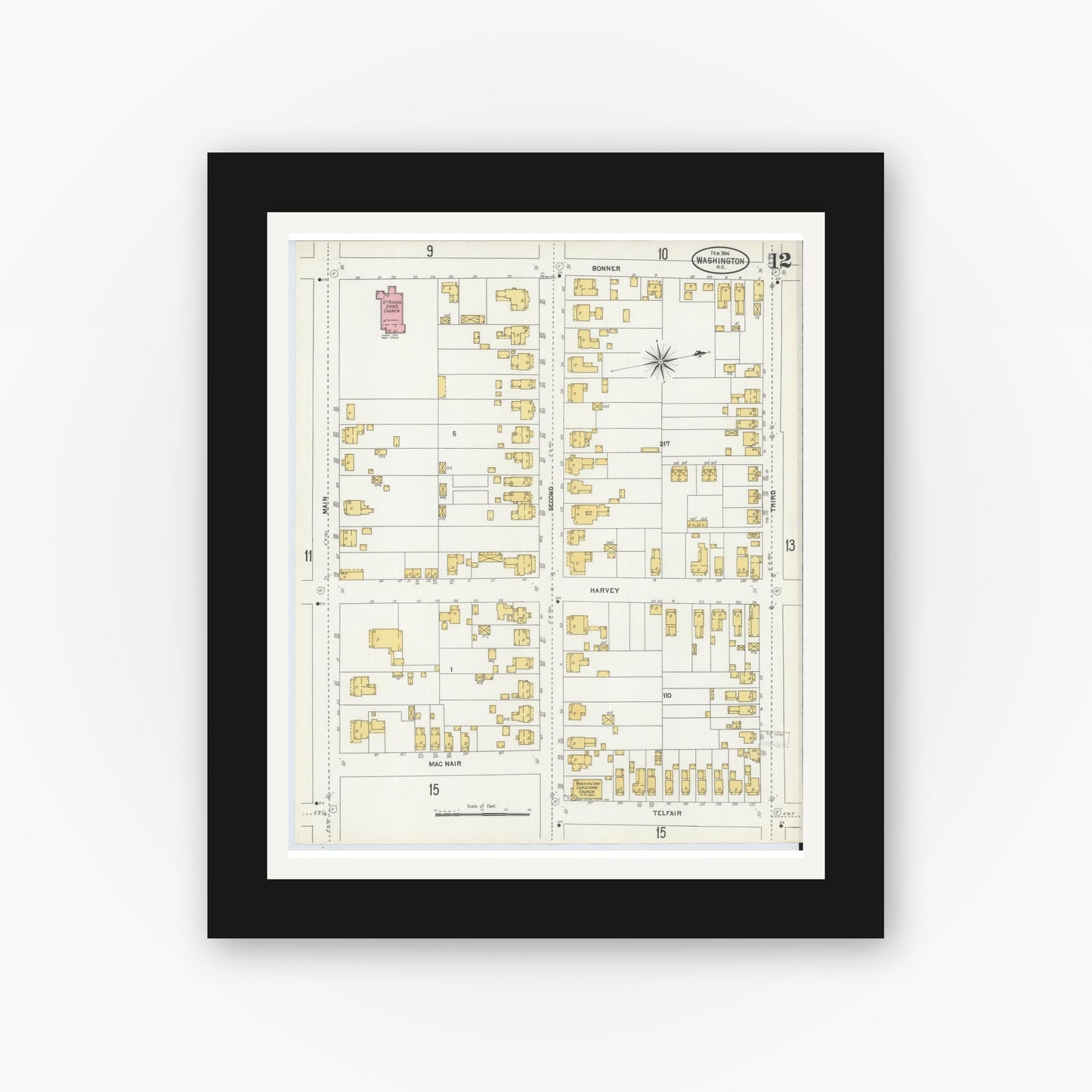Old map wall art mockup — black gallery frame with white mat — Sanborn Fire Insurance Map from Washington, Beaufort County, North Carolina (1904), Sheet #0012