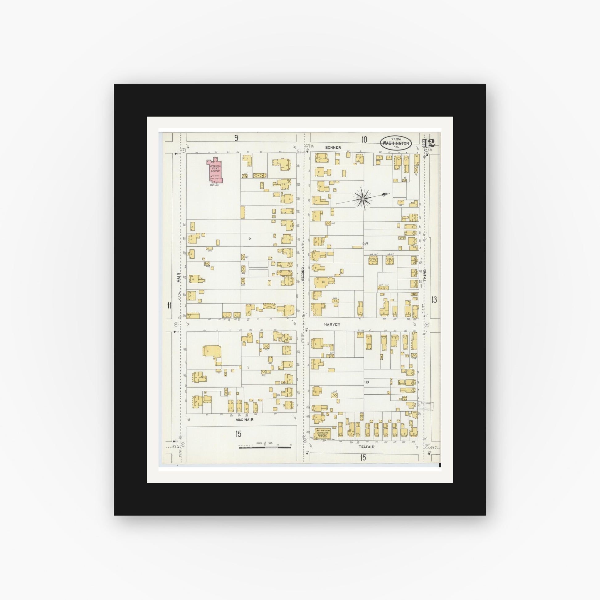 Old map wall art mockup — black gallery frame with white mat — Sanborn Fire Insurance Map from Washington, Beaufort County, North Carolina (1904), Sheet #0012