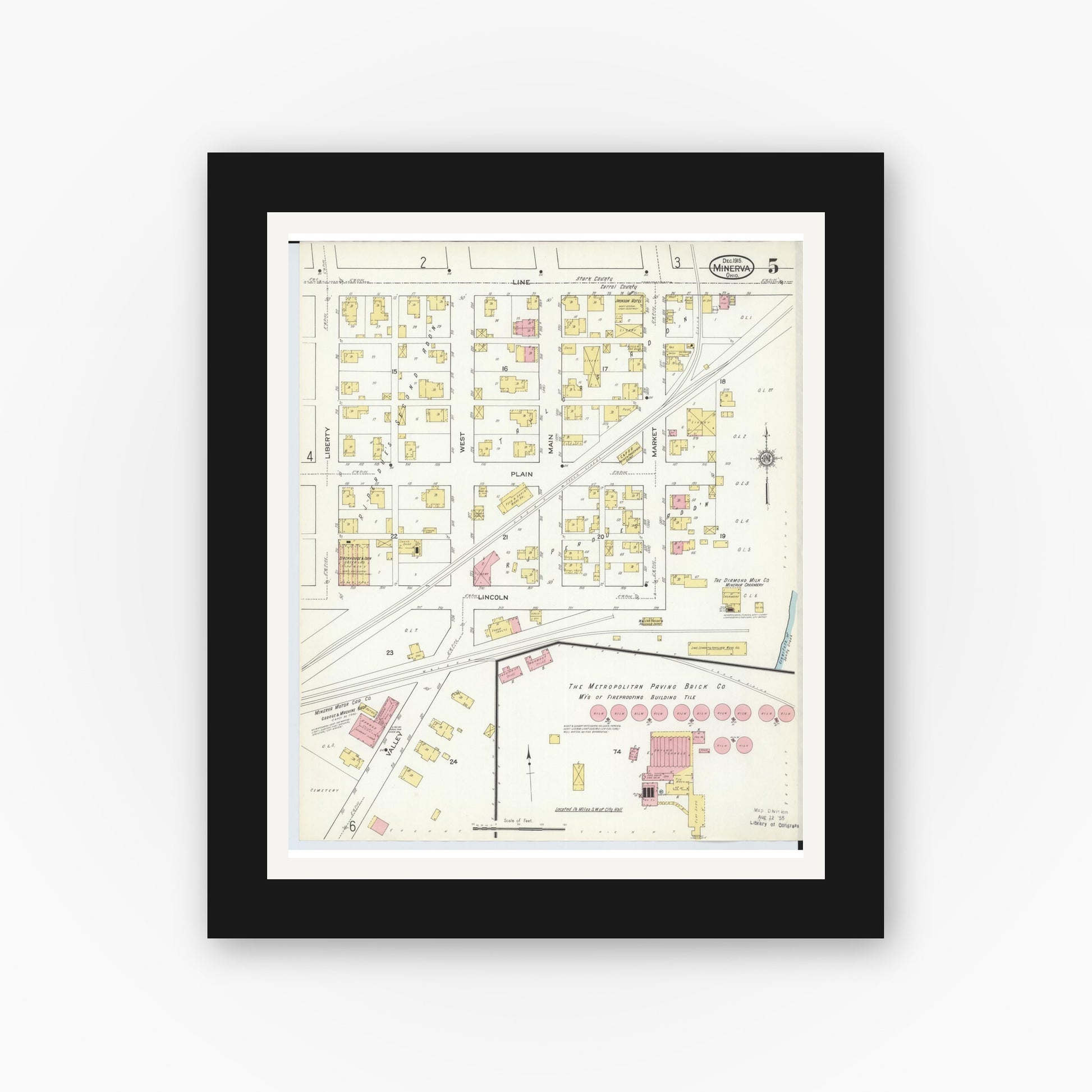 Old map wall art mockup — black gallery frame with white mat — Sanborn Fire Insurance Map from Minerva, Stark And Carroll Counties, Ohio (1915), Sheet #0005