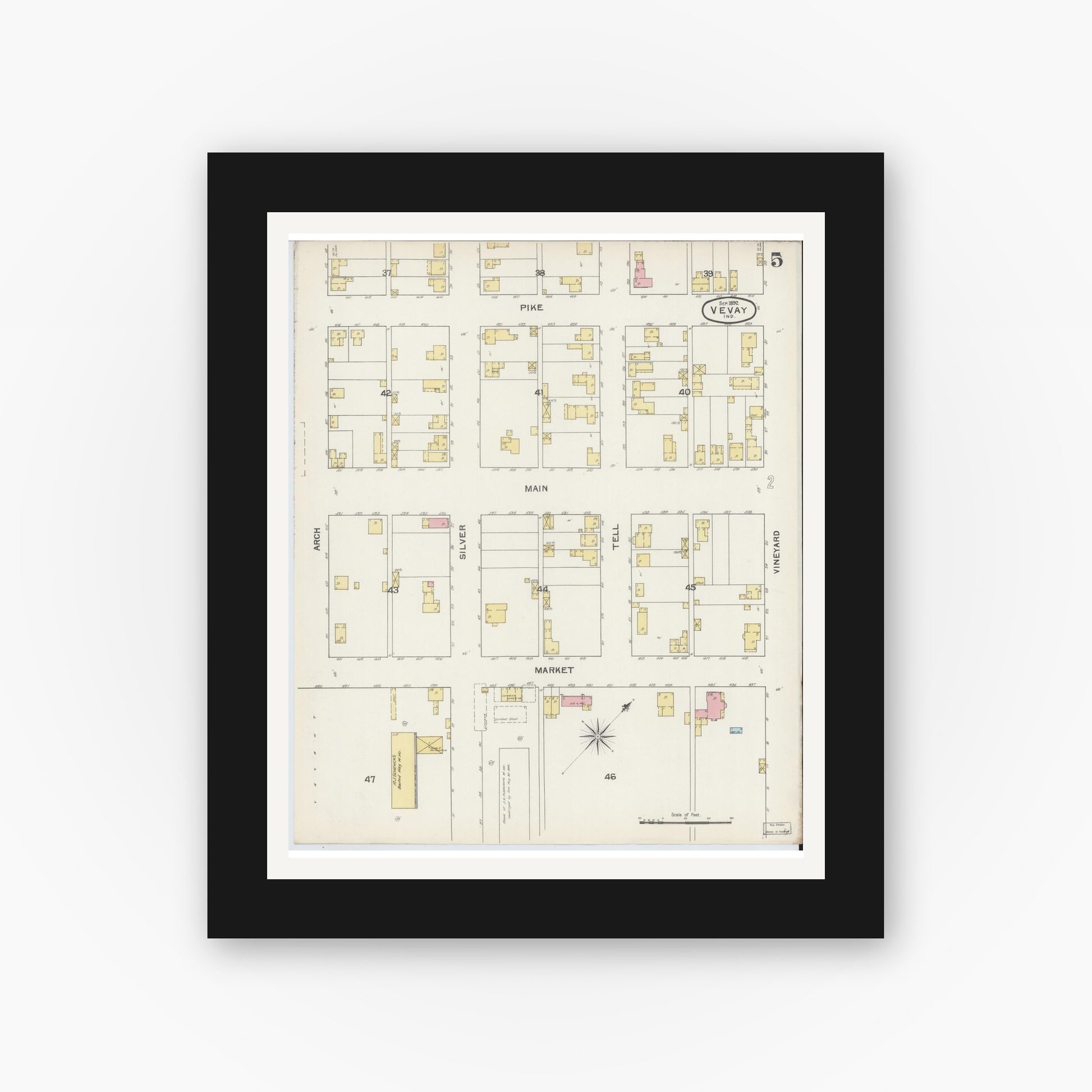 Old map wall art mockup — black gallery frame with white mat — Sanborn Fire Insurance Map from Vevay, Switzerland County, Indiana (1892), Sheet #0005