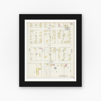 Old map wall art mockup — black gallery frame with white mat — Sanborn Fire Insurance Map from Vevay, Switzerland County, Indiana (1892), Sheet #0005