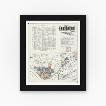 Old map wall art mockup — black gallery frame with white mat — Sanborn Fire Insurance Map from East Liverpool, Columbiana County, Ohio (1913), Sheet #0001