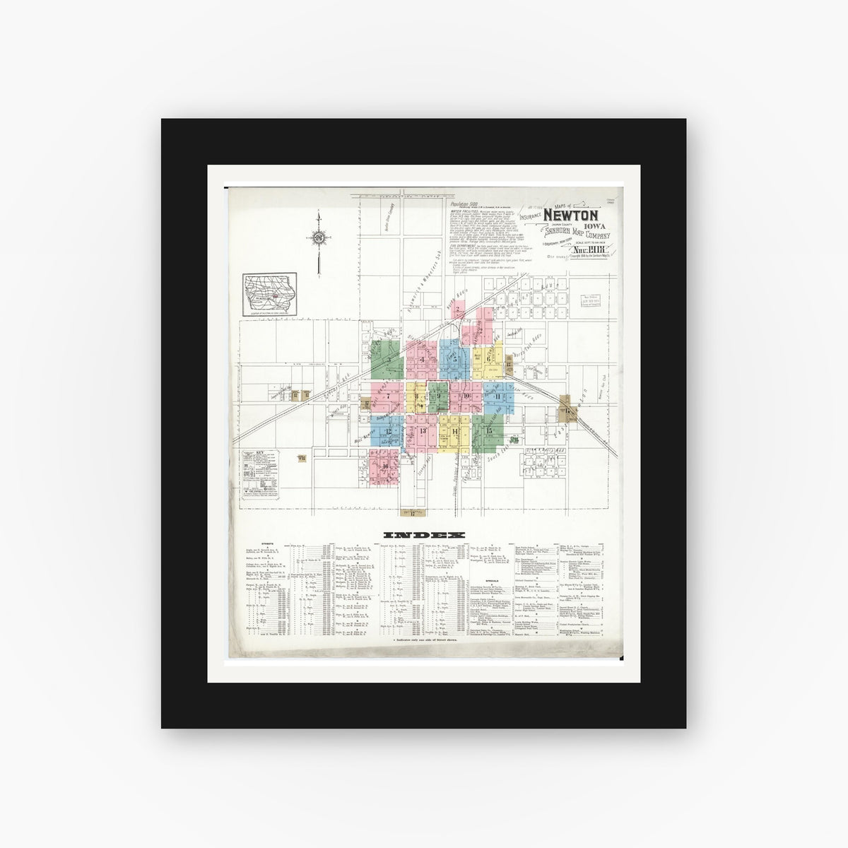 Old map wall art mockup — black gallery frame with white mat — Sanborn Fire Insurance Map from Newton, Jasper County, Iowa (1918), Sheet #0001