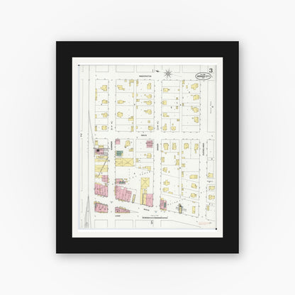 Old map wall art mockup — black gallery frame with white mat — Sanborn Fire Insurance Map from Monroe City, Monroe County, Missouri (1909), Sheet #0003